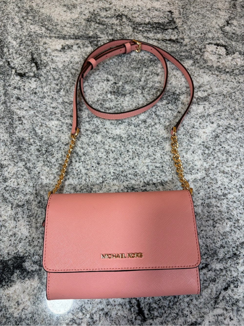 Michael Kors Pink Saffiano Crossbody with Gold Chain Strap